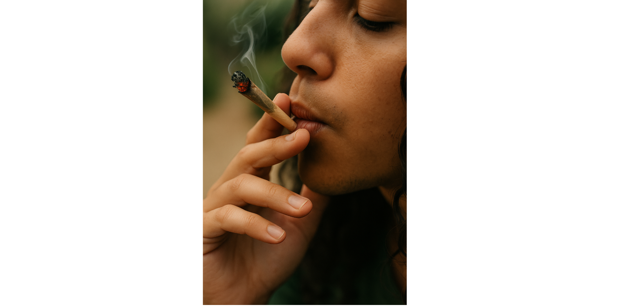 Close-up of a person smoking a hand-rolled cannabis joint with one side burning unevenly, showing smoke rising softly in warm natural light against a blurred outdoor background.