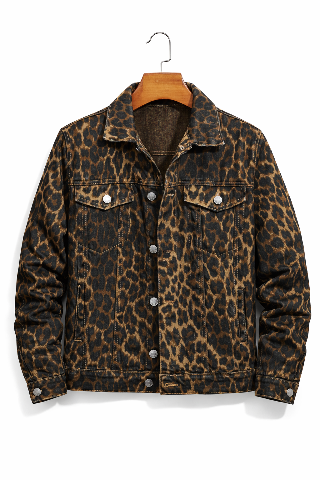 Men’s Retro Leopard Print Denim Jacket | Slim Fit Workwear Coat with Collar
