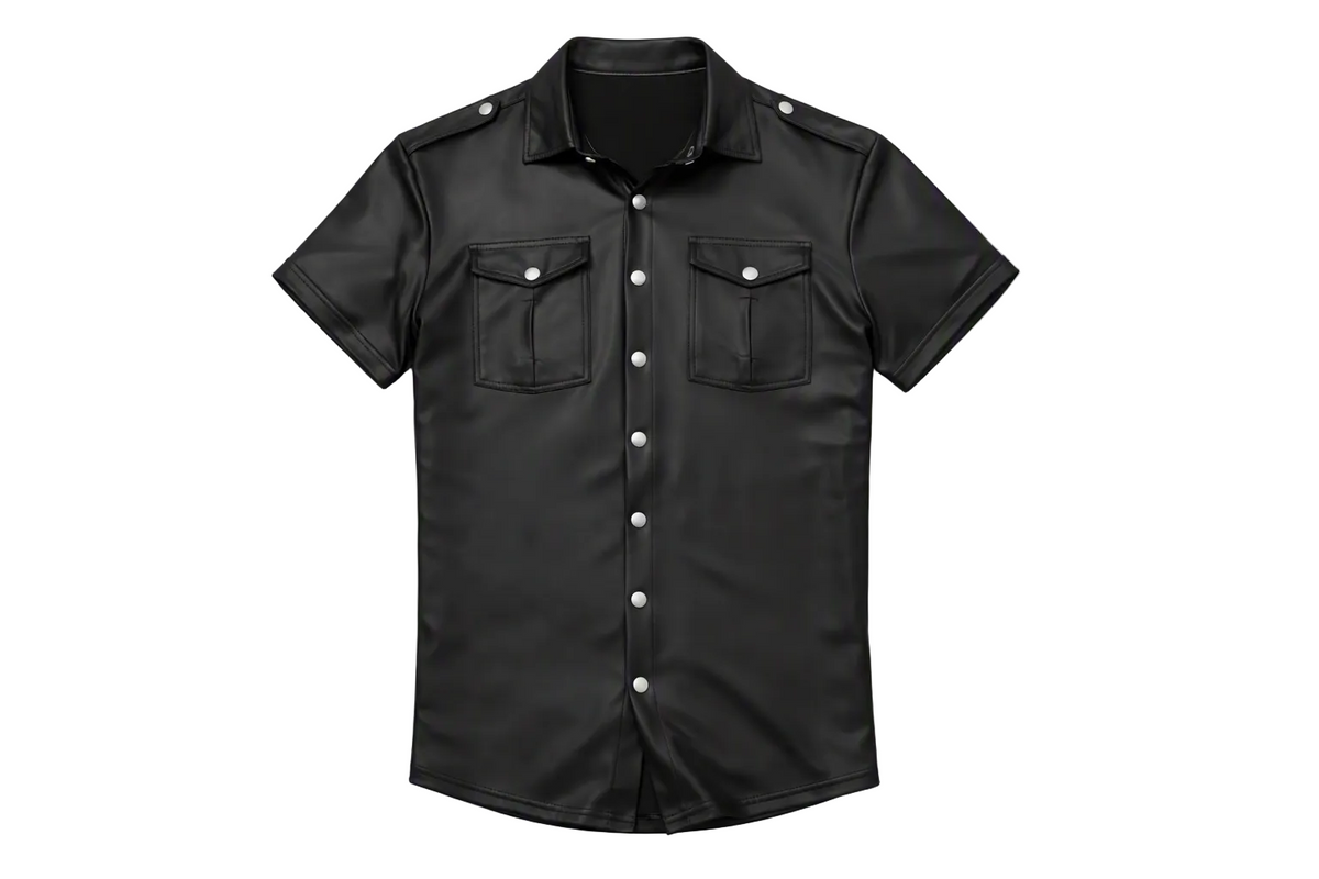 Men’s Stretch Faux Leather Short Sleeve Button Shirt