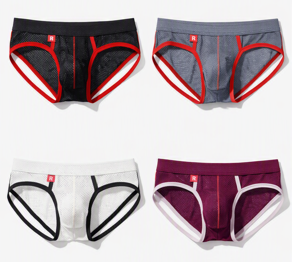 Four pairs of mens briefs arranged in a 2x2 grid on a light gray background. The top-left pair is black with red trim, the top-right is gray with red trim, the bottom-left is white with black trim, and the bottom-right is purple with white trim.
