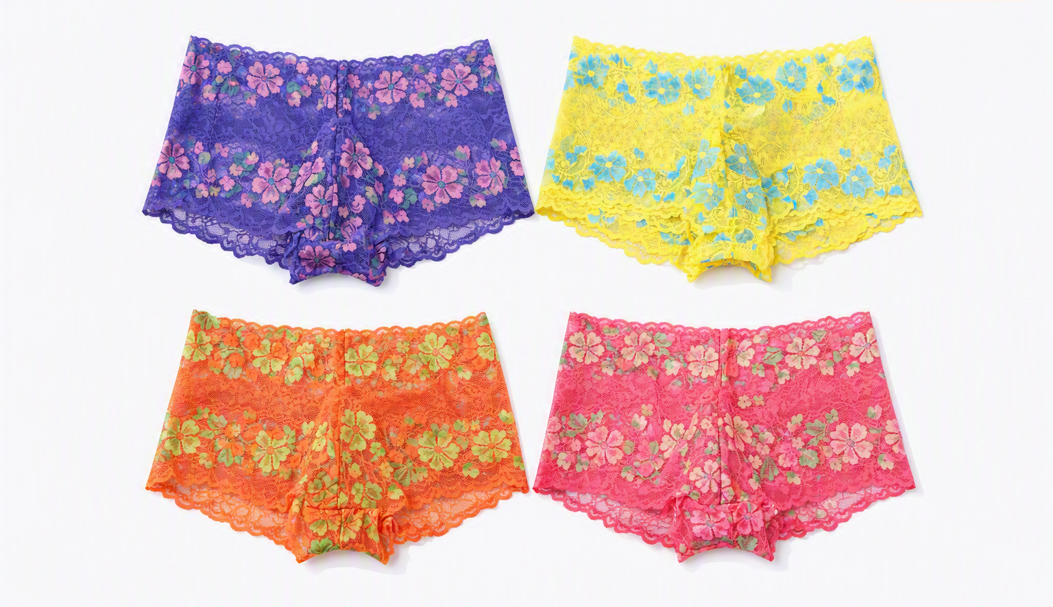 Four pairs of mens lace shorts arranged in a 2x2 grid on a white background, featuring purple with pink flowers, yellow with blue flowers, orange with green flowers, and pink with light pink flowers. A 'Made with AI' watermark is visible in the top right corner.