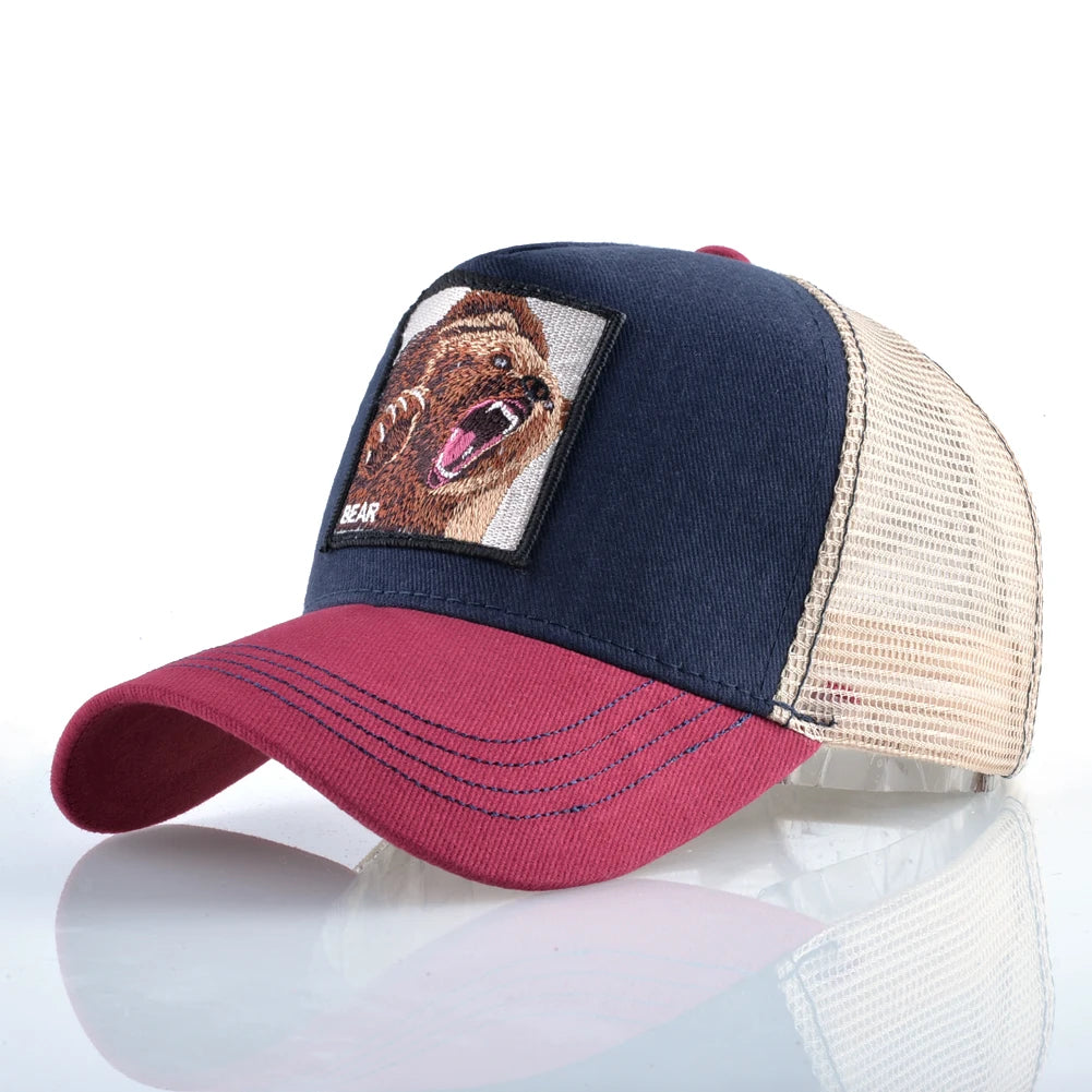 Embroidered Bear Mesh Snapback Hat | Breathable Trucker Cap