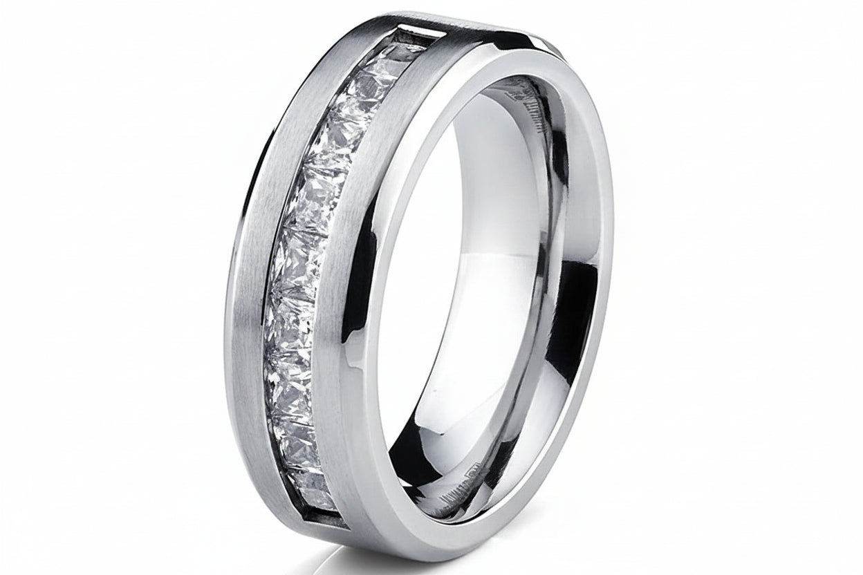 Men's Silver‑Plated Stainless Steel Square Zircon Ring
