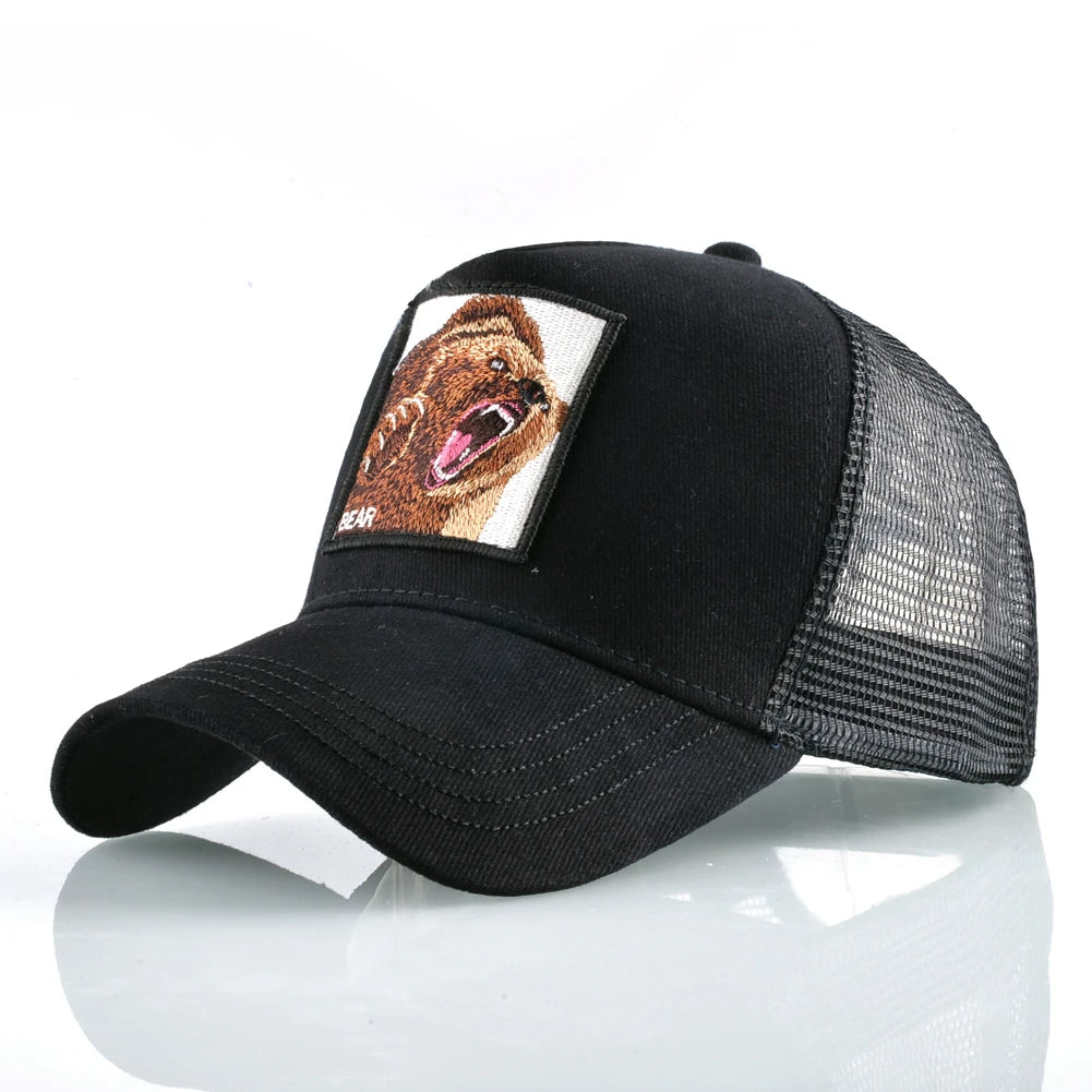Embroidered Bear Mesh Snapback Hat | Breathable Trucker Cap