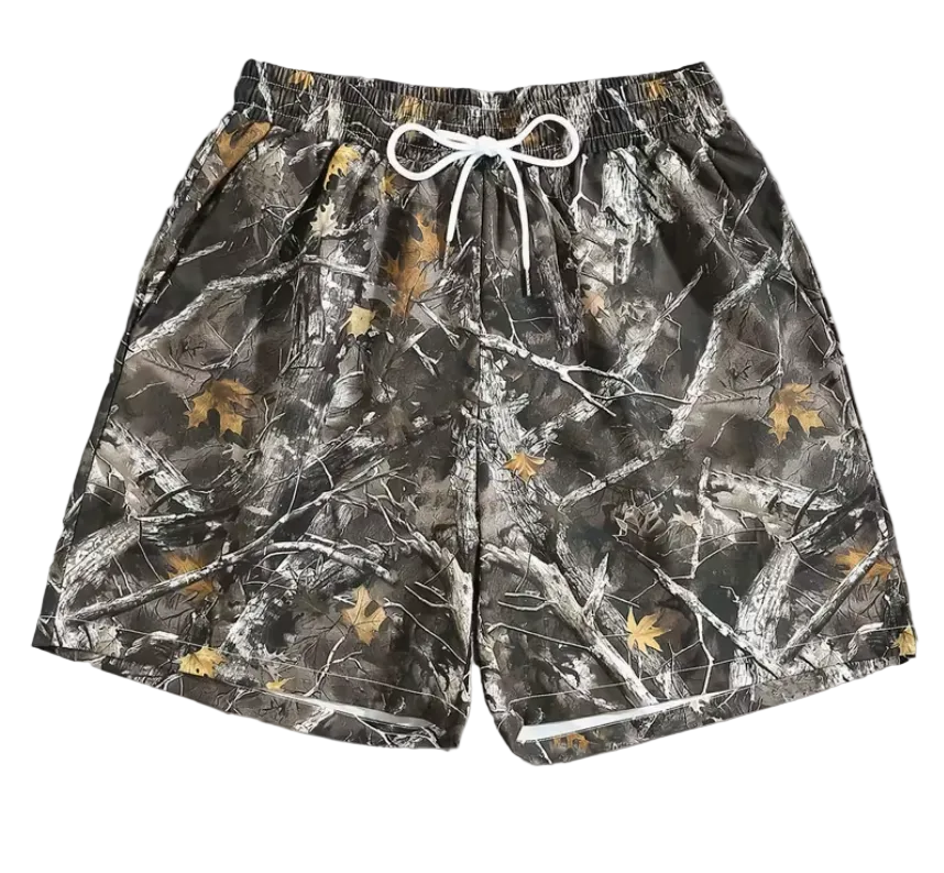 Men’s Quick‑Dry Camo Leaf Print Surf Shorts with Pockets and Drawstring