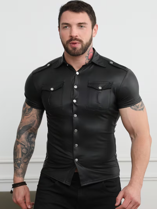 Men’s Stretch Faux Leather Short Sleeve Button Shirt