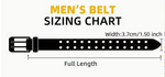 Men's belt sizing chart with a black belt illustration showing width and full length, plus a size table listing S through XL with full length and waist fit measurements.