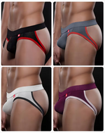 Four-panel collage showing men's briefs worn by a model, each in a different colorway: black with red trim, gray with red trim, white with black trim, and purple with white trim. The background is black.