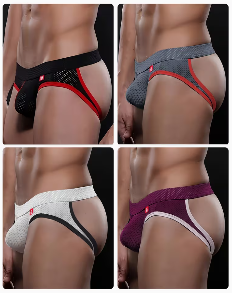 Four-panel collage showing men's briefs worn by a model, each in a different colorway: black with red trim, gray with red trim, white with black trim, and purple with white trim. The background is black.