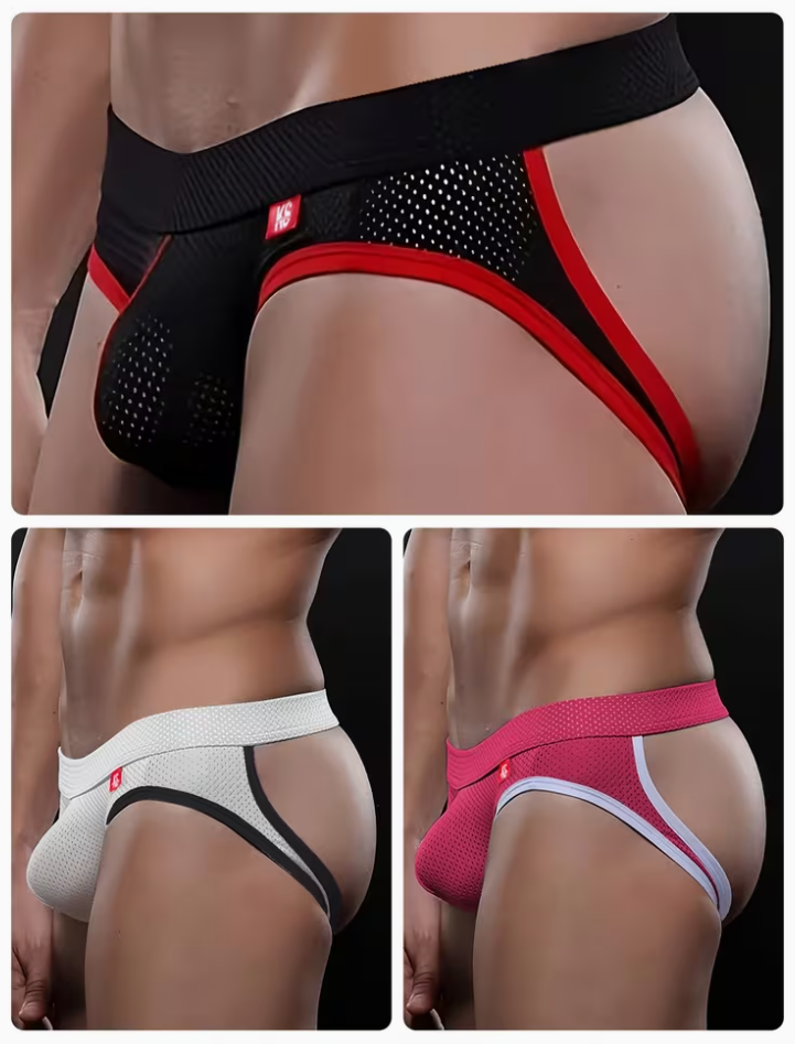 Three panels show men's briefs worn on a cropped male model against a dark studio background. The top panel is black with red trim and a small red logo; the bottom-left panel is white with black trim; the bottom-right panel is pink with white trim.