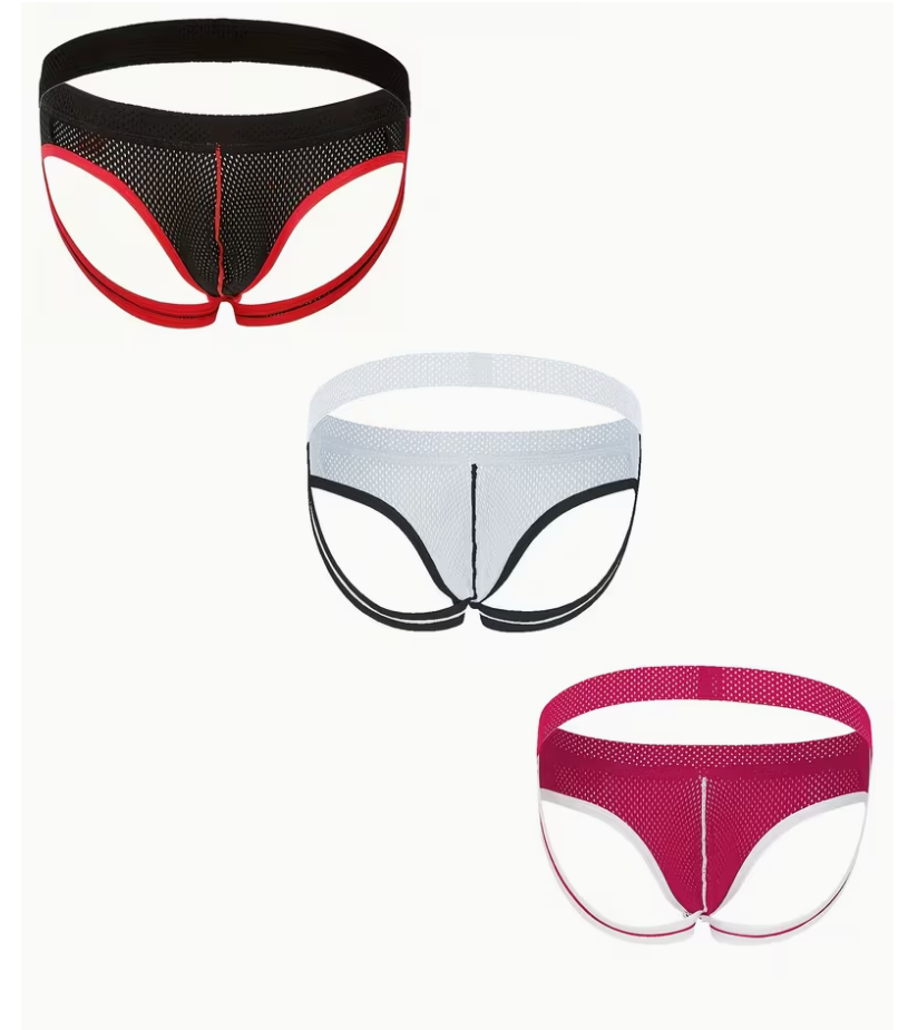 Three pairs of mens mesh thong underwear shown on a plain light background: one black with red trim, one white with black trim, and one magenta with white trim.