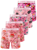 Five pairs of mens boxer briefs from Gao Qiluai arranged in a fan shape on a white background. Each pair features a different colorful cartoon print including pigs, cherubs, stars, and text like 'LET ME SLEEP' and 'LOVE'.