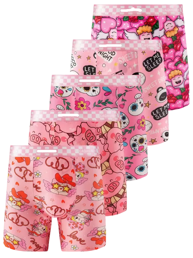 Five pairs of mens boxer briefs from Gao Qiluai arranged in a fan shape on a white background. Each pair features a different colorful cartoon print including pigs, cherubs, stars, and text like 'LET ME SLEEP' and 'LOVE'.