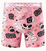 Pink men's boxer briefs featuring a playful cartoon panda print, with text bubbles reading 'LET ME SLEEP', 'GOOD NIGHT', and 'SWEET DREAM', along with stars and speech bubbles.