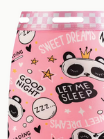 Pink boxer briefs with a cartoon panda print, featuring text like 'SWEET DREAMS', 'LET ME SLEEP', and 'GOOD NIGHT' on a white background.