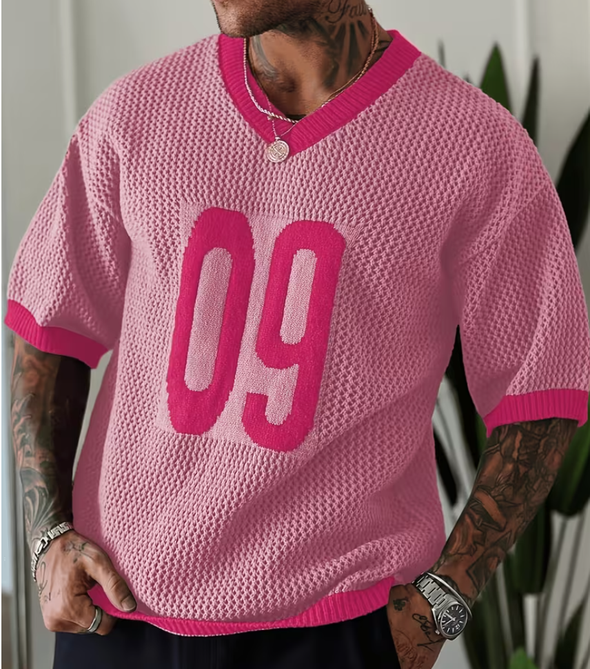 Men’s Numeric Graphic V‑Neck Short Sleeve Knit Top | Unisex Jersey‑Style T‑Shirt | Soft Stretch Viscose‑Nylon Pullover