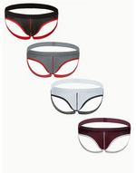 Four pairs of mens mesh briefs arranged diagonally on a white background, featuring black, gray, white, and burgundy colors with contrasting trim.