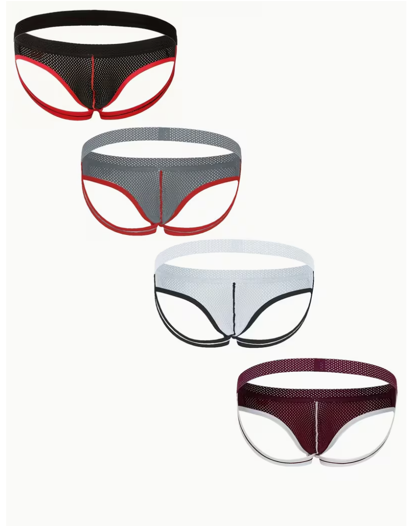 Four pairs of mens mesh briefs arranged diagonally on a white background, featuring black, gray, white, and burgundy colors with contrasting trim.