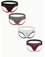 Four pairs of mens mesh briefs arranged diagonally on a white background, featuring black, gray, white, and burgundy colors with contrasting trim.