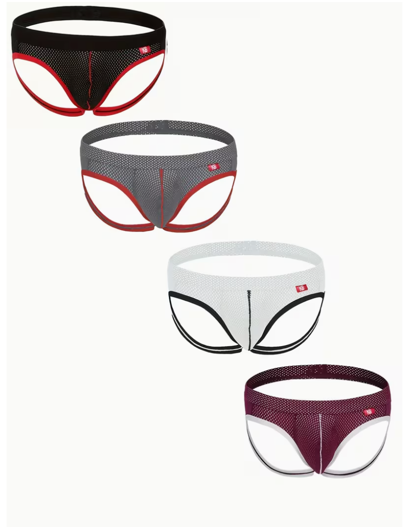 Four pairs of mens mesh briefs arranged diagonally on a white background, featuring black, gray, white, and burgundy colors with contrasting trim.