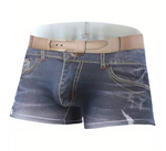 Men's boxer briefs featuring a realistic 3D pouch design printed with a blue denim wash, complete with a tan faux-leather belt, shown on a white background.