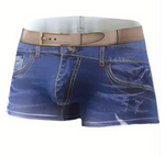 Blue denim shorts with a tan faux-leather belt, featuring a realistic 3D pouch design on the front, photographed against a solid white background.