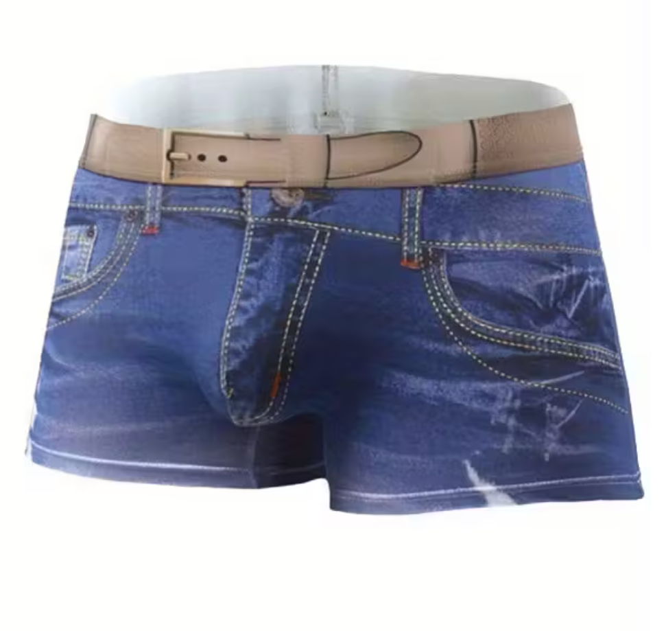 Blue denim shorts with a tan faux-leather belt, featuring a realistic 3D pouch design on the front, photographed against a solid white background.