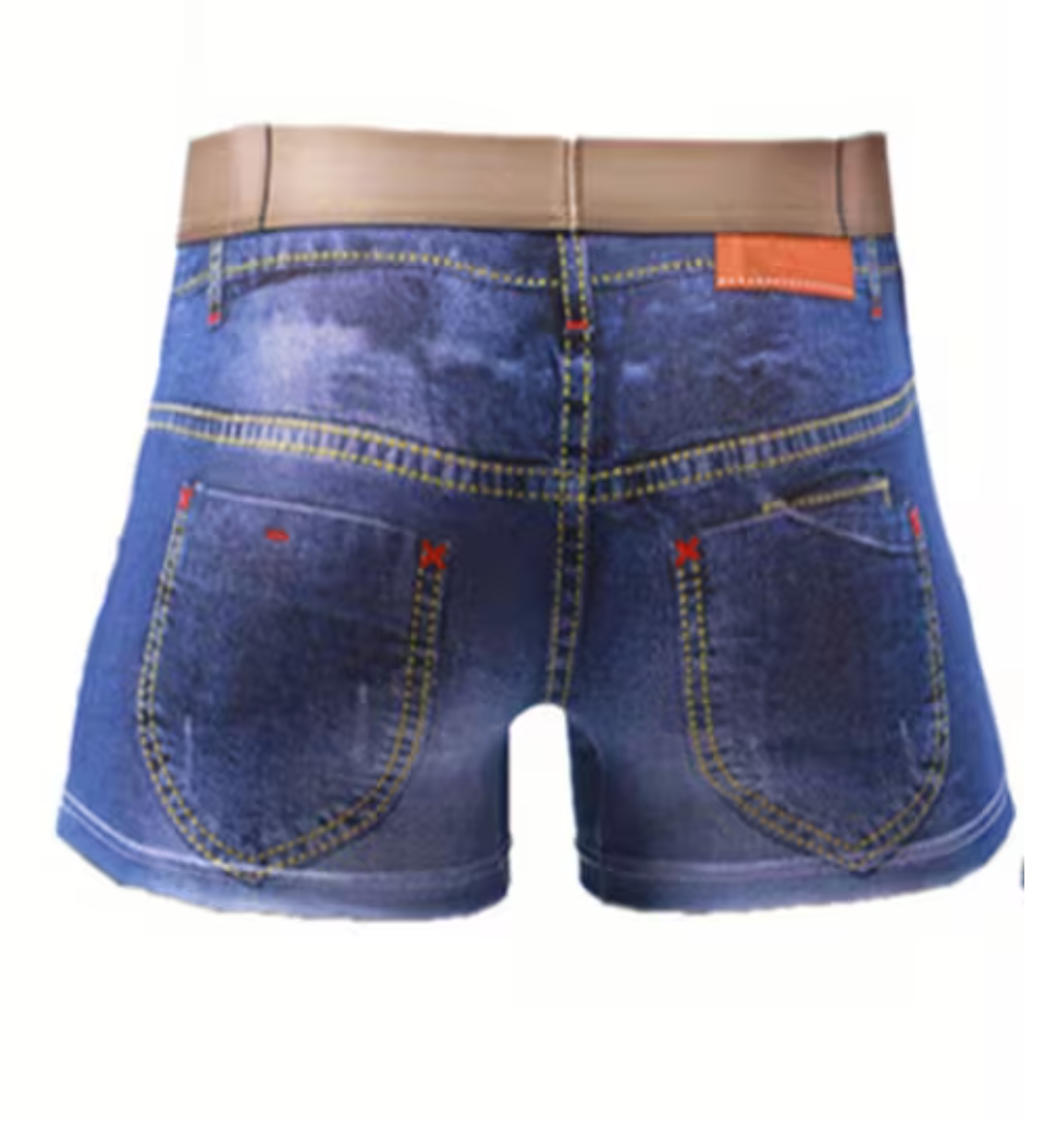 Rear view of men's blue denim shorts with a tan waistband, yellow contrast stitching, and red pocket details on a white background.