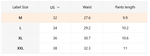 A size chart table showing Label Size, US, Waist, and Pants length for M, L, XL, and XXL sizes.