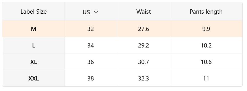A size chart table showing Label Size, US, Waist, and Pants length for M, L, XL, and XXL sizes.