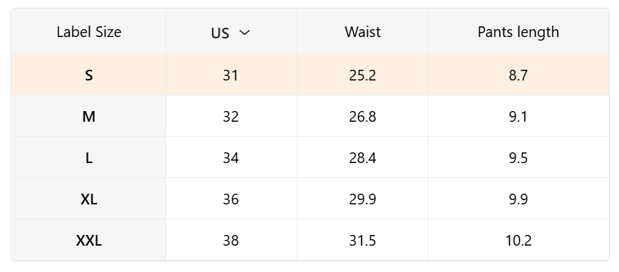 A size chart table showing label sizes S through XXL, with corresponding US sizes, waist measurements in centimeters, and pants lengths in centimeters.