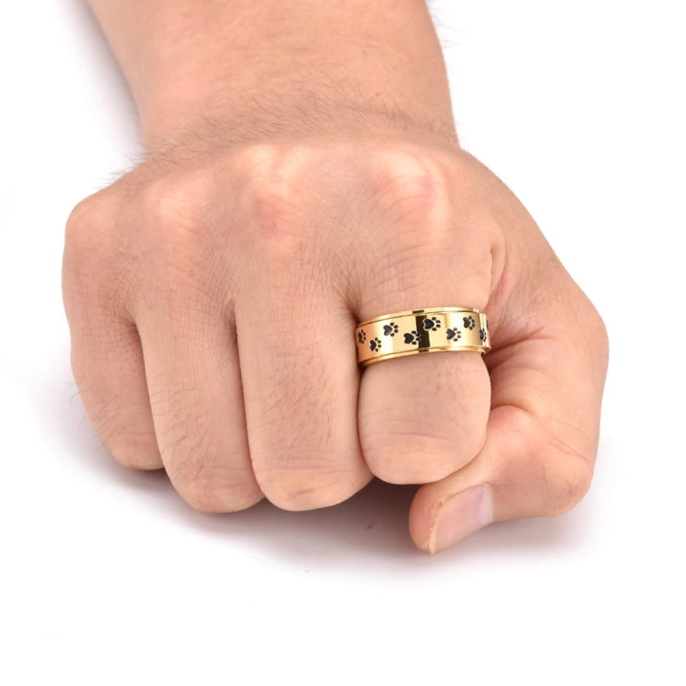 Dog Paw Ring Titan Steel Rotating 8MM Adjustable Band for Men | Gold Color 316L Stainless Steel