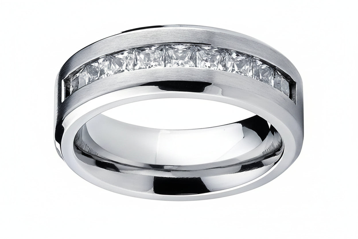 Men's Silver‑Plated Stainless Steel Square Zircon Ring