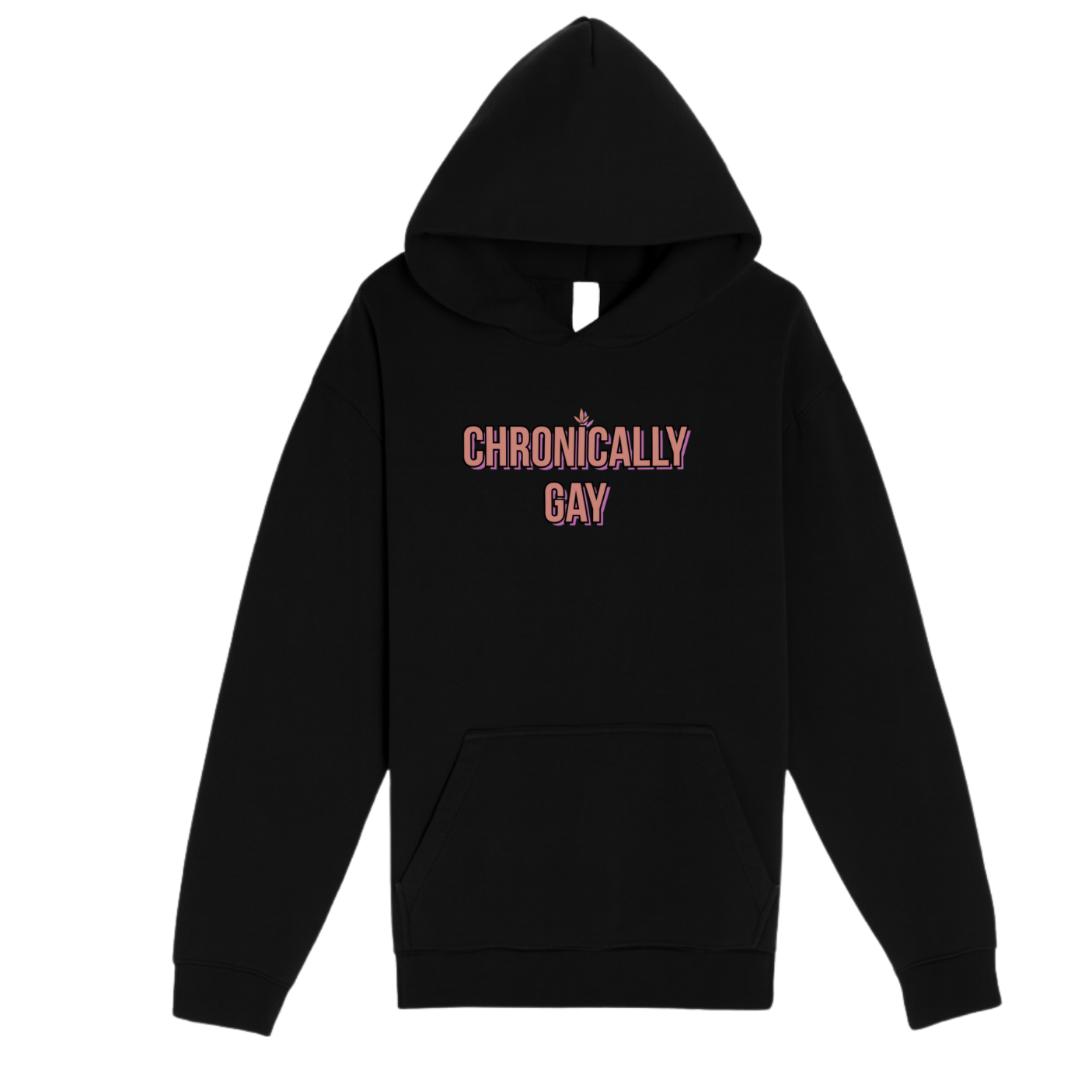 Black hoodie with “CHRONICALLY GAY” text displayed on white background, part of eco-friendly LGBTQ fashion drop