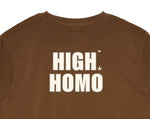 Chronically Gay fashion image of brown HIGH HOMO sweatshirt featuring trademark and cannabis symbol