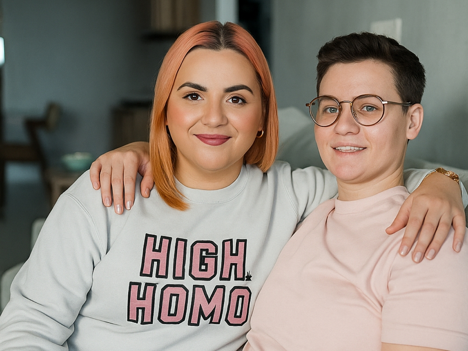 Two people sitting together, one wearing a “HIGH HOMO” sweatshirt, featured in Chronically Gay queer fashion campaign
