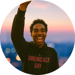 Person wearing CHRONICALLY GAY hoodie standing against colorful sky, featured in queer fashion campaign.