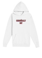 White hoodie with bold red and black “CHRONICALLY GAY” text, shown on transparent background for product listing