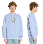 Light blue crewneck sweatshirt with “HIGH. HOMO” text shown in front and side views on white background.