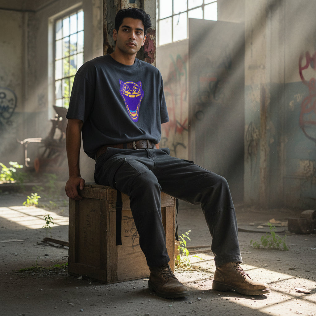 Smiling Cat Graphic Tee 305gsm Loose‑Fit 100% Cotton